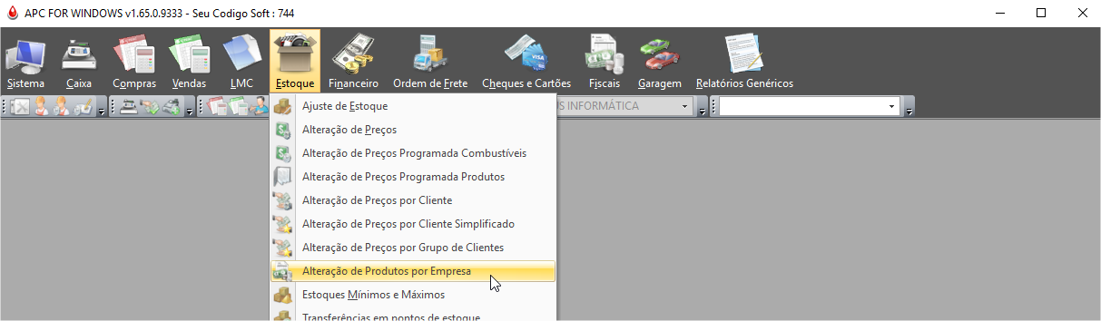 Menu Alteração por empresa