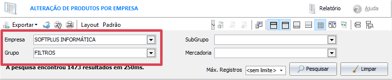 Filtro do menu Alteração por empresa