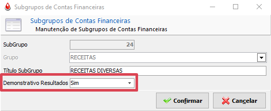 Opção para o grupo de contas aparecer no Relatório Demonstrativo de Resultados