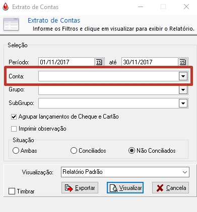 Filtro por Conta do Relatório