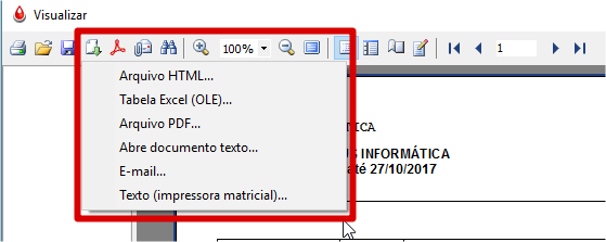 Opção exportar Relatório